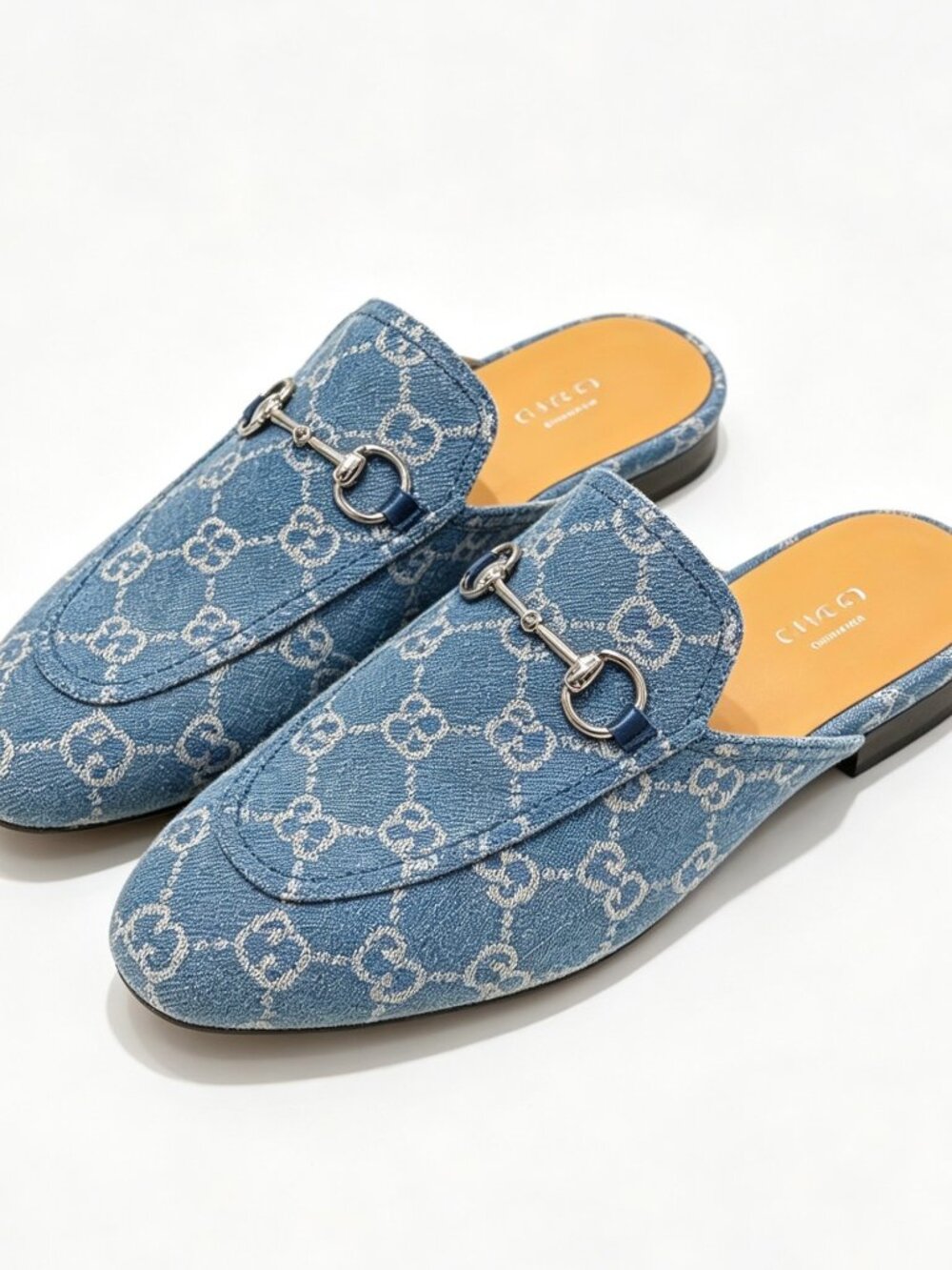 Gucci Women’s Monogram Jumbo GG Denim Malaga Princetown Slippers Light Blue EU37